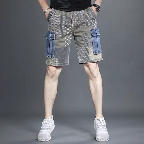 牛仔短裤男夏季薄款潮流印花宽松个性五分裤子潮牌男士短裤工装裤商品大图
