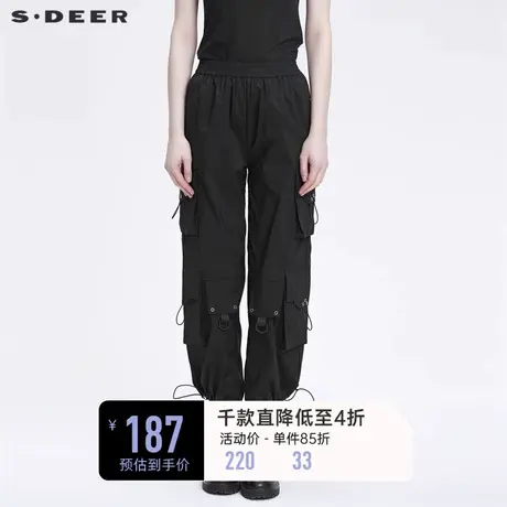 sdeer圣迪奥春装松紧立体工装阔腿黑色长裤女S22180806🕚商品大图