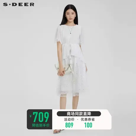 sdeer圣迪奥女装休闲圆领收腰网纱泡泡袖连衣裙S232Z1235⏯商品大图