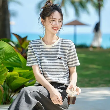 时尚短袖T恤2025年夏季新款女圆领条纹百搭减龄休闲简约上衣商品大图