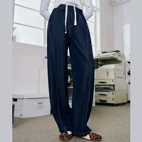 a02美式高腰抽绳显瘦慵懒风阔腿裤2025春季舒适百搭女式牛仔裤图片