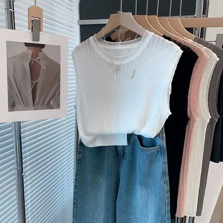 冰丝圆领针织衫女背心2025春夏新款套头内搭蕾丝上衣外穿t恤衫潮商品大图