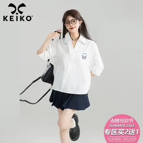 KEIKO 设计感白色V领短袖衬衫女25夏季新款气质蝴蝶刺绣休闲上衣商品大图