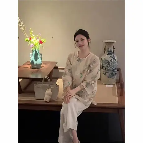 爵莱菲大码浅绿色新中式国风盘口上衣女斜襟衬衫外套拼接刺绣蕾丝商品大图