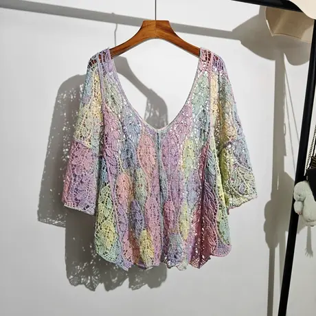 混彩色勾花镂空短袖针织衫女夏季新款波西米亚度假风半袖T恤上衣商品大图