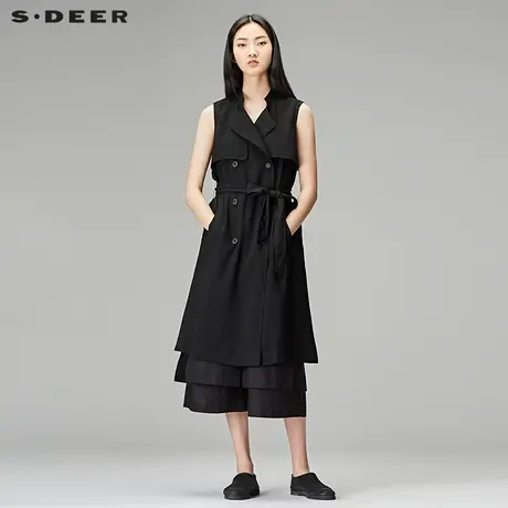 sdeer圣迪奥2019春装平驳领腰带工装长款无袖背心马甲女S18181602图片