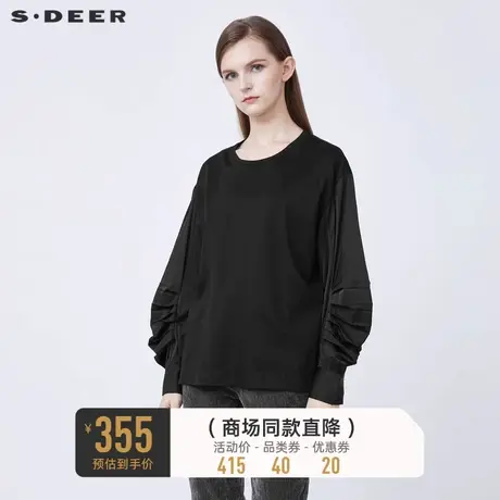 sdeer圣迪奥冬时尚圆领抽褶灯笼袖宽松黑色T恤S21480215图片