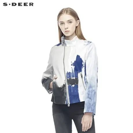 sdeer圣迪奥个性时尚创意斜襟晕染印花弧形下摆高领外套S19382257图片
