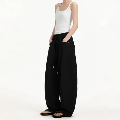 纯色宽松显瘦直筒阔腿休闲裤男女同款夏季多口袋伞兵拖地弯刀长裤图片