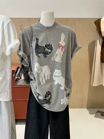 半高领t恤女短袖宽松韩版chic休闲体恤 动物卡通印花减龄立领上衣商品大图