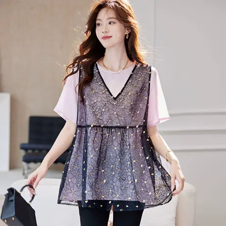 宝诗黎两件套亮片背心T恤2025夏季时尚洋气休闲简约棉质短袖上衣商品大图