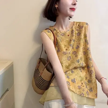复古印花无袖背心衬衫女2025夏季新款洋气设计感小众圆领坎肩上衣图片