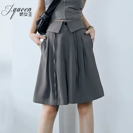 灰色翻腰五分裤女夏新款透气垂感绑带阔腿短裤休闲宽松慵懒风中裤商品大图