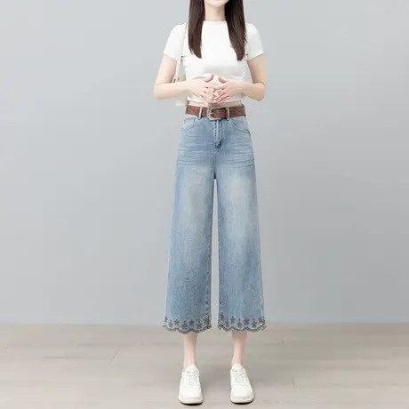八分刺绣牛仔裤女夏季薄款高腰显瘦复古绣花小个子小直筒阔腿裤子商品大图