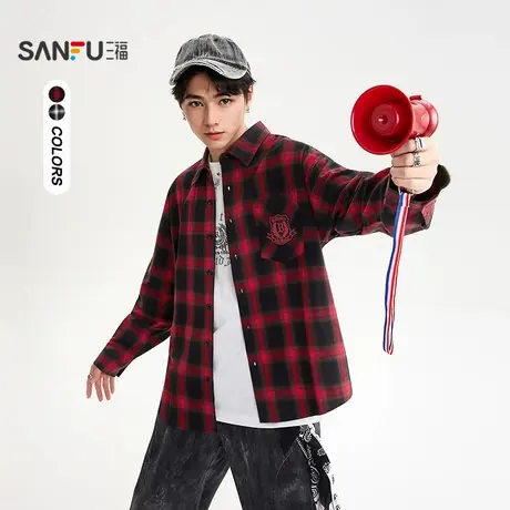 三福2025秋季男士哥特字母格子长衬衫 街潮翻领落肩上衣505299图片