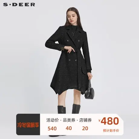 sdeer圣迪奥女装西装领收腰肌理毛呢长款大衣S22482511💁商品大图