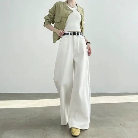 白色牛仔阔腿裤女2025春秋新款高腰宽松大码显瘦直筒垂感拖地裤子商品大图