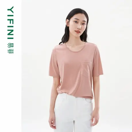 [专柜同款]Yifini/易菲醋酸宽松短款圆领短袖百搭时尚T恤女夏季商品大图