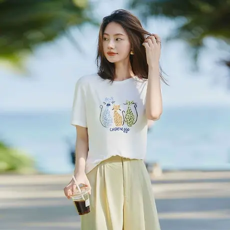 时尚短袖T恤2025年夏季新款女简约休闲刺绣减龄童趣套头上衣商品大图