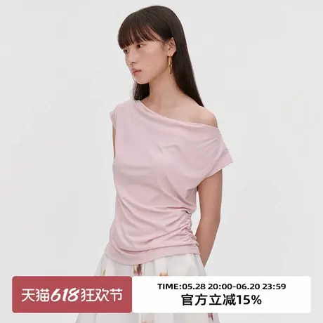 omont蛋挞家 气质荡领斜肩短袖T恤2025夏季修身露肩显瘦薄款上衣商品大图