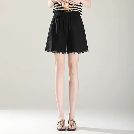 黑色蕾丝边a字短裤女2025夏季新款高腰显瘦休闲裤气质百搭阔腿裤图片