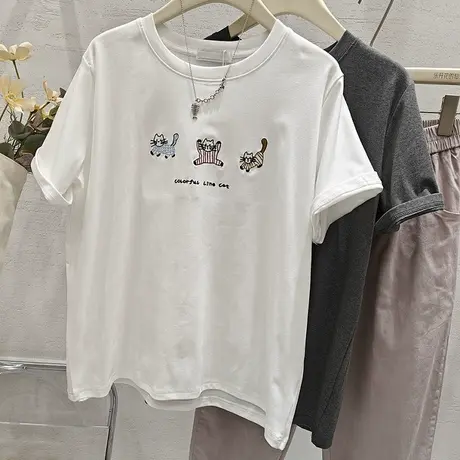 韩系小众刺绣猫咪纯棉宽松短袖T恤女2025夏新款休闲显瘦上衣小衫图片