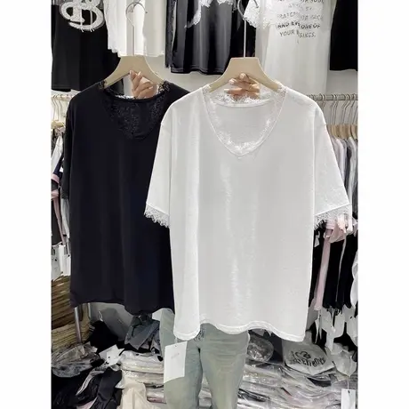 洋气时髦蕾丝花边拼接短袖T恤女夏季宽松韩版打底衫内搭V领上衣潮商品大图