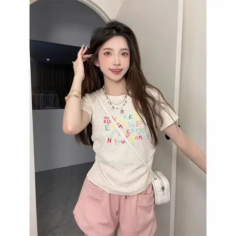 圆领新款高腰修身短袖t恤女2025夏季彩点正肩短袖褶皱收腰上衣潮商品大图