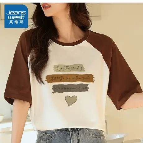 YD真维斯女装2025夏季新款 复古拼色百搭小众显瘦纯棉宽松短T商品大图