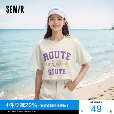 森马短袖T恤女短款美式字母印花2024夏季新款复古风宽松衣服街头图片