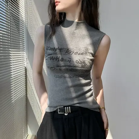 时尚字母印花半高领针织无袖背心女秋衬衫内搭修身显瘦别致打底衫图片