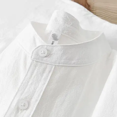 日系杏色立领短袖衬衫男士亨利领棉麻圆领五分袖t恤女肌理感上衣图片