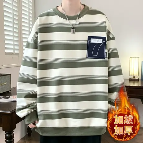 条纹圆领卫衣男士秋冬季美式潮牌加绒长袖t恤男款打底衫保暖上衣商品大图