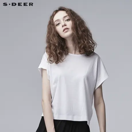 sdeer圣迪奥2019夏装宽松简约纯白蝙蝠袖圆领短款T恤女S17280123图片