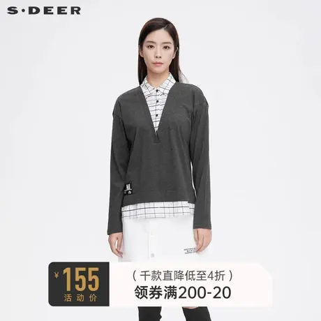 sdeer圣迪奥女装春秋装休闲翻领格纹字母假两件长袖T恤S21380212图片