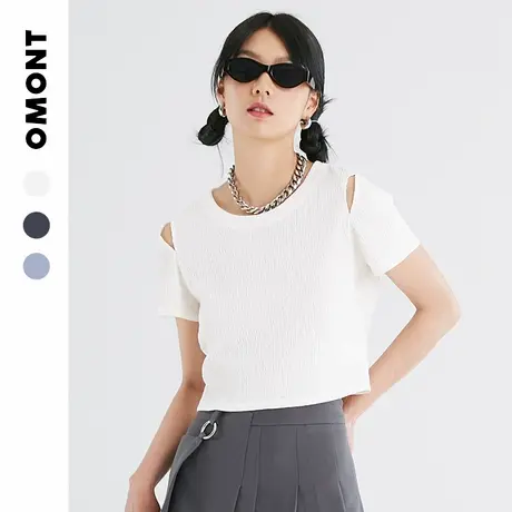omont蛋挞家 复古肌理感镂空修身短款t恤女显瘦白色打底衫春夏季商品大图