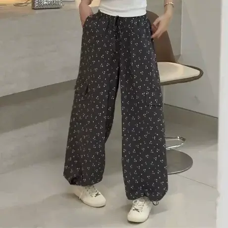 复古小清新碎花裤女夏季外穿遛弯裤松紧腰薄款休闲裤垂感工装长裤商品大图