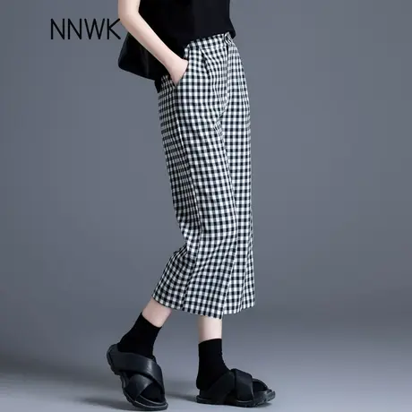 黑白格子裤子女夏季薄款七八分九分裤小个子冰丝休闲裤直筒阔腿裤商品大图