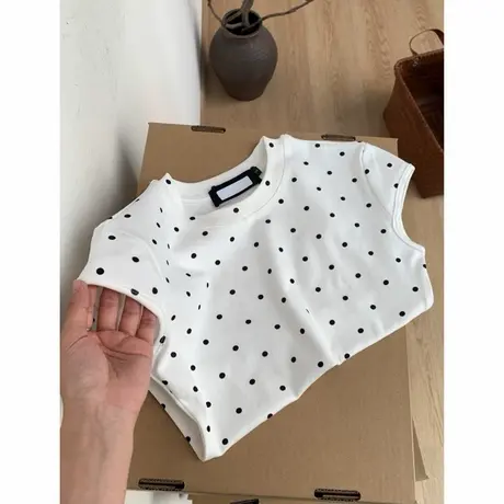 设计感别致波点正肩T恤女短袖夏季纯棉小衫修身显瘦甜辣妹上衣服图片