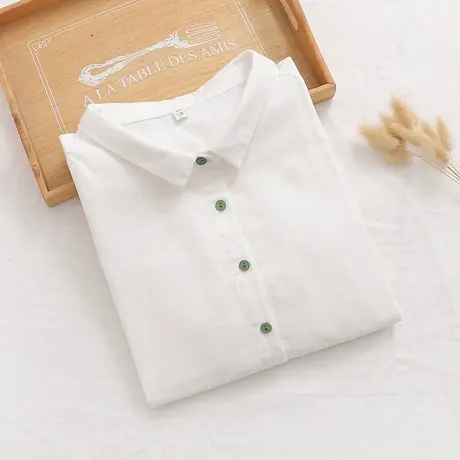 夏季文艺小清新双层纱纯棉木扣七分袖衬衫女宽松简约舒适中袖上衣商品大图