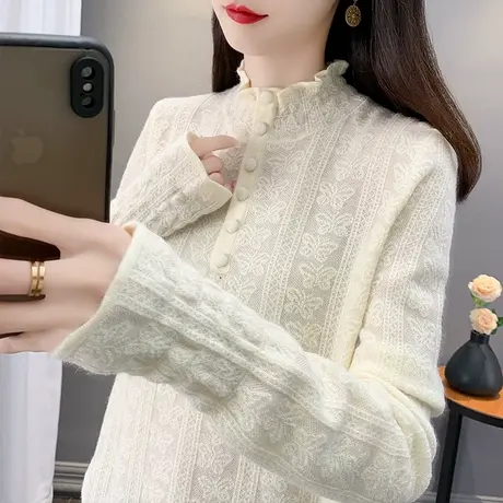 半高领毛衣女蕾丝打底衫2025春秋新款套头外穿针织衫洋气内搭上衣商品大图