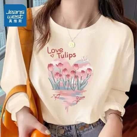 KMV真维斯长袖t恤女2025新款爆款春夏正肩上衣高级感圆领体恤女款商品大图