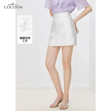 miss COCOON蝴蝶结钉珠半身裙女夏2023新款高腰显瘦小个子a字短裙商品大图