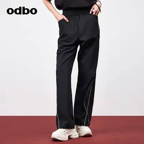 odbo/欧迪比欧修身撞色条纹抽绳松紧带2024新款裤子女夏季休闲裤商品大图