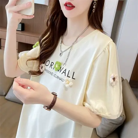 短袖t恤女夏季韩版宽松大码女装设计感小众泡泡袖网纱假两件上衣商品大图