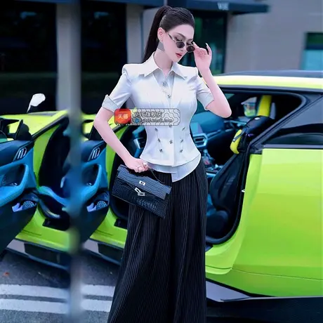 VJE夏季假两件修身短袖衬衫2025新款不对称设计感气质干练OL上衣商品大图