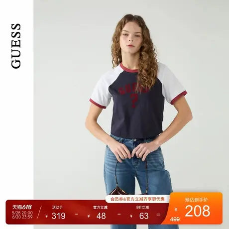 GUESS25年新款夏季女士美式校园短款撞色插肩袖T恤-W5PP76K2Q40图片