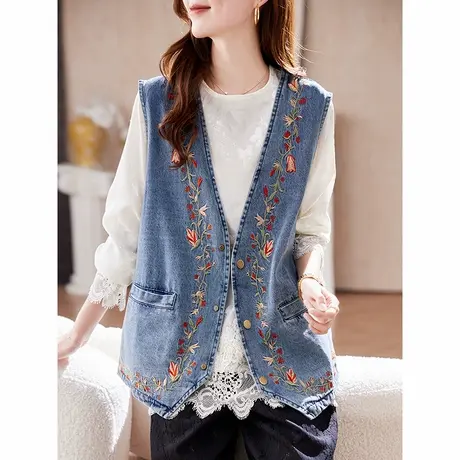 宝诗黎V领刺绣牛仔马甲外套2025春季洋气休闲百搭新中式马夹坎肩商品大图