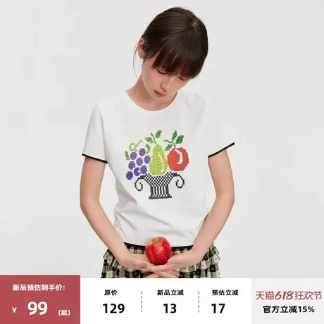 omont蛋挞家复古果篮印花圆领短袖T恤2025夏季撞色正肩显瘦上衣女商品大图