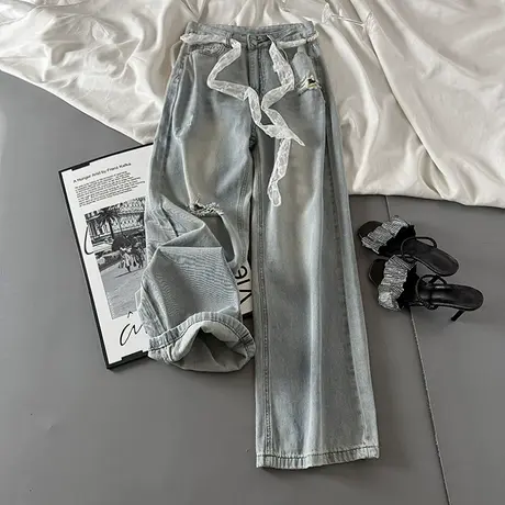 蕾丝腰带破洞高腰牛仔裤女韩版春季新款个性宽松显瘦直筒阔腿长裤商品大图